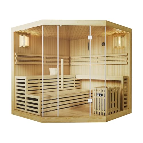 Artsauna Saunakabine Espoo 200 Premium mit Harvia Ofen — 5 Personen — Hemlock Holz, Glasfront und LED Licht — Inkl. Thermometer & Sanduhr —Komplett Set