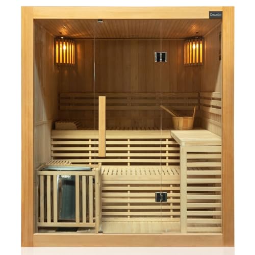 Dewello® Finnische Sauna Sarnia 180x140 Kabine aus Hemlock Tannenholz mit 6KW HARVIA Ofen 2-4 Personen inkl. komplettem Zubehör