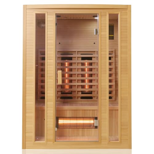 Tronitechnik® Infrarotkabine Infrarotsauna Manila 140cm x 100cm 1-3 Person aus Hemlock Holz mit 7X Vollspektrumstrahler, LED-Farblicht, Bluetooth, FM,MP3,USB