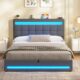AOGLLATI Polsterbett 140 x 200 mit LED Beleuchtung und Ladestation, Bettgestell mit Höhenverstellbares Kopfteil und Stauraum, Hydraulisches Bett 140 x 200 cm,Lattenrost, Linen,Ohne Matratze,Dunkelgrau