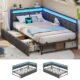 AOGLLATI Polsterbett Schlafsofa 90x200 mit USB-Steckdosen und LED-Beleuchtung Jugendbett 90x200 mit 2 Schubladen,Tagesbett Gästebett Bettgestell mit Lattenrost,Ohne Matratze (Grau) (90x200cm)