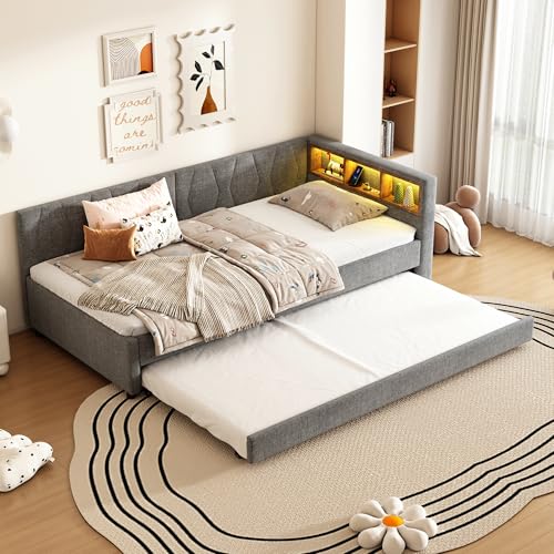 Polsterbett Schlafsofa 90x200, Kinderbett Einzelbett mit LED-Licht&USB Ladefunktion&Ausziehbett&Ablagefach, Funktionsbett Jugendbett Bettgestell Tagesbett mit Lattenrost, Leinen, Ohne Matratze, Grau