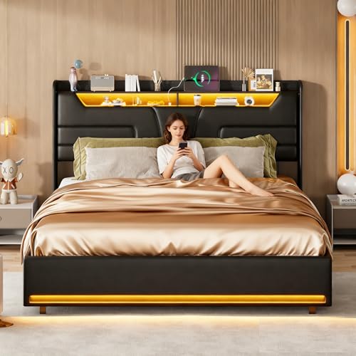BRYXR Polsterbett 140x200 cm mit LED-Beleuchtung & USB-Ladeanschlüssen,Komfortables Doppelbett mit Hydraulischem Stauraum, Stabiler Lattenrost, Ohne Matratze, Schwarz-PU