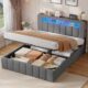 AOGLLATI Polsterbett 140x200 mit Stauraum,Hydraulisches Bett mit LED-Bleuchtung und Ladestation Jugendbett Doppelbett Bettgestell mit Kopfteil aus Samt-Ohne Matratze (Grau Leinen, 140x200cm)